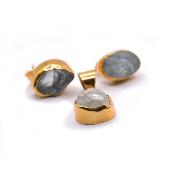 Σετ Κ14  χρυσό πέτρα οβάλ σκουλαρίκια και μενταγιόν με Ακουα Μαρίνα